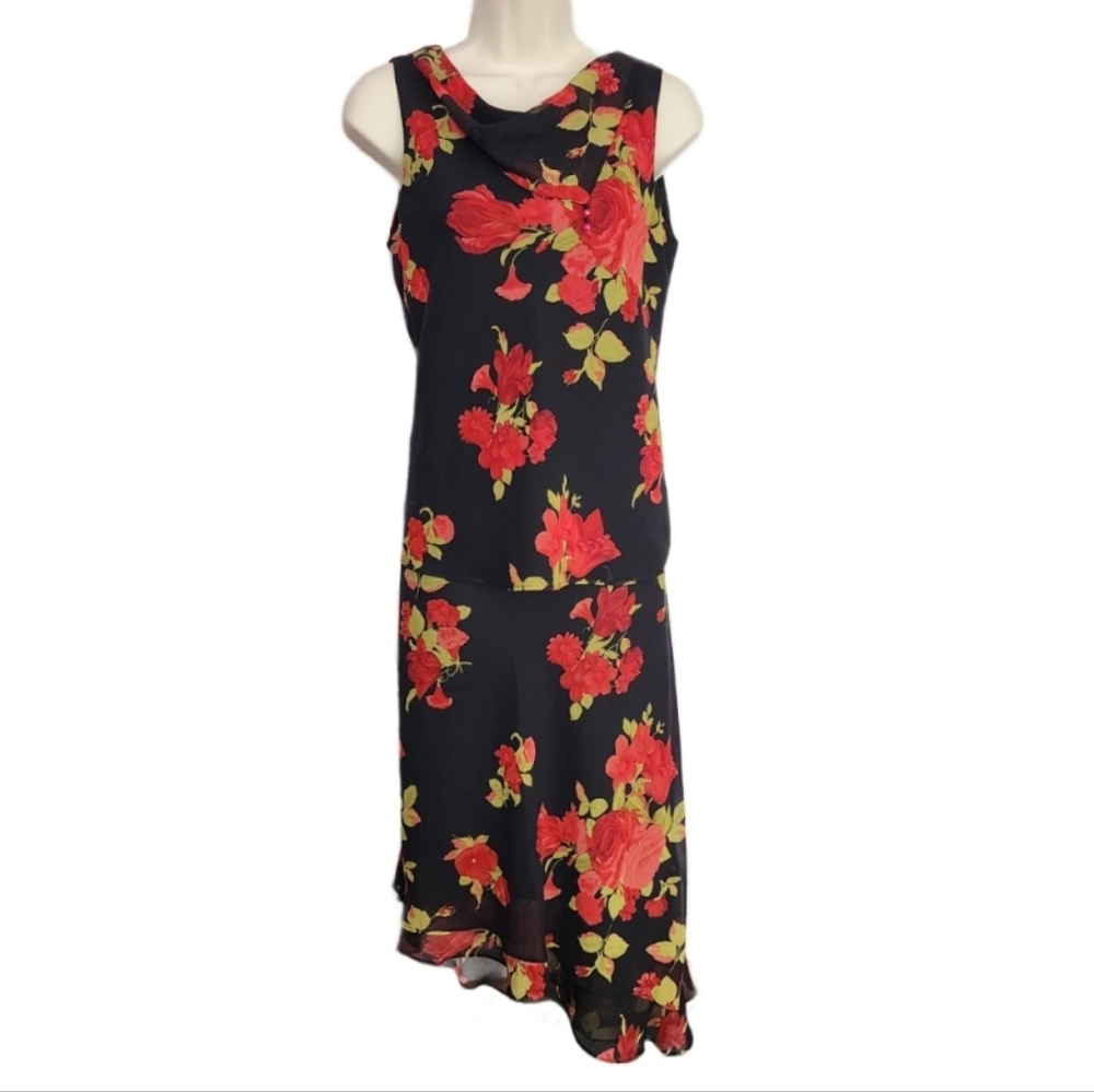 Studio 1 Skirt Top Two Piece Floral Asymmetric Sleeveless Red Size 8